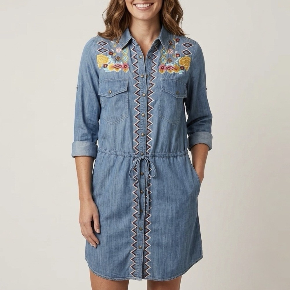 Vintage Collection Embroidery Chambray Button Down Tunic Dress XS Western Boho